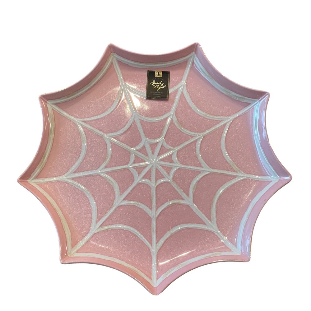 SPOOKY NIGHT Large Melamine Spider's Web Serving Tray 16in Pink & White BOO New - Picture 8 of 14
